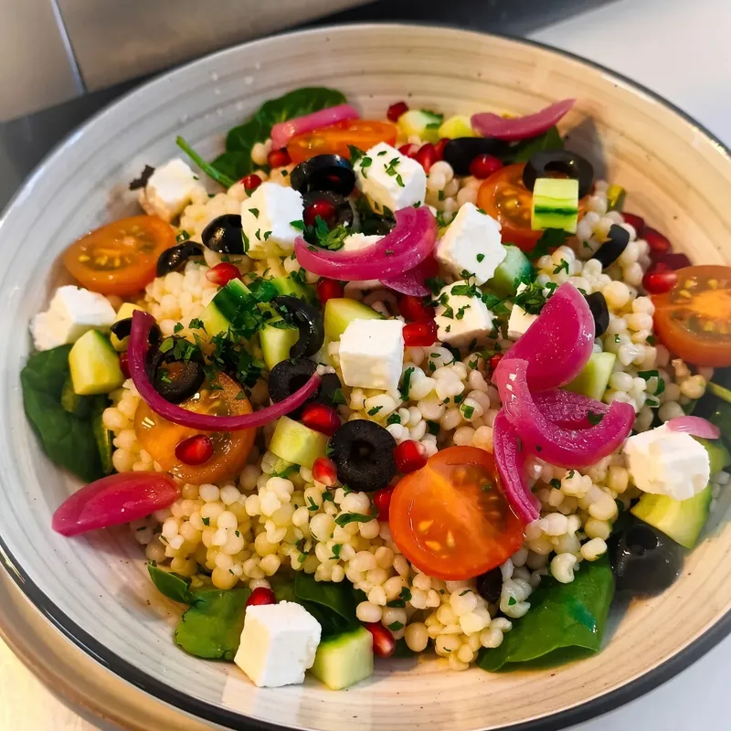 Couscous salad with feta, olives and pomegranate